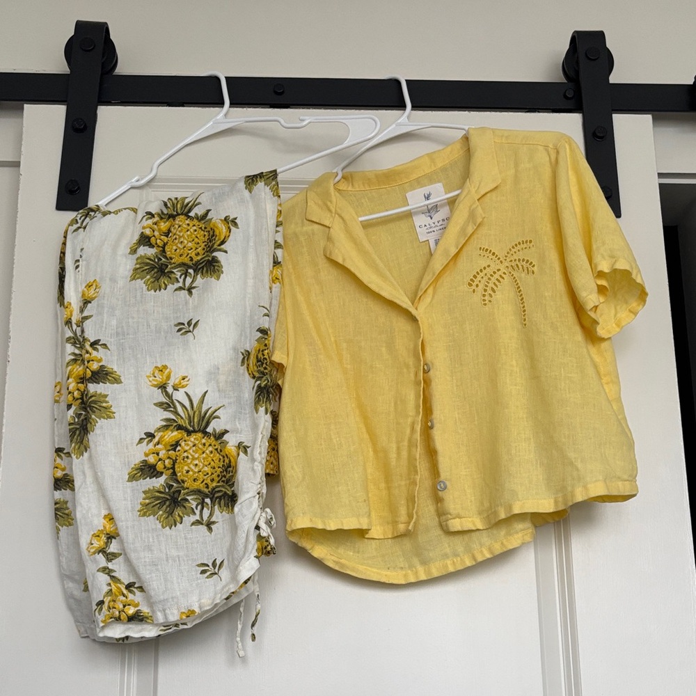 Calypso St. Barth Yellow Button Down Shirt with Palm Accent